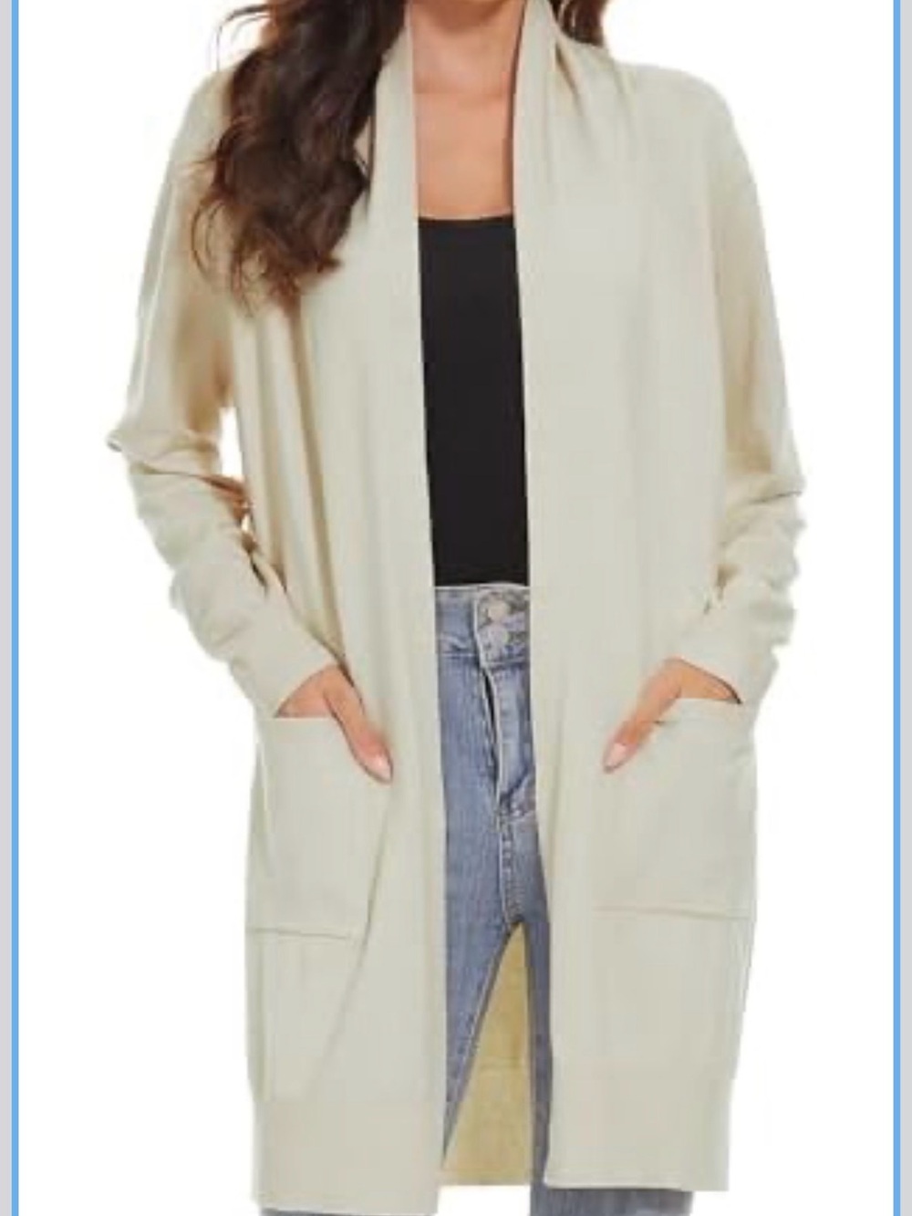 Light Cream Open-Front Long Cardigan with Pockets